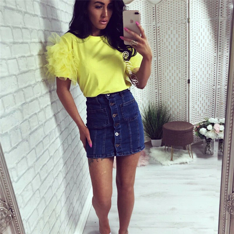 Fashion New Ladies Frill Tulle Tiers Mesh Sleeve Summer Cotton T-Shirt Top Novelty T shirt Robe Femme | Женская одежда