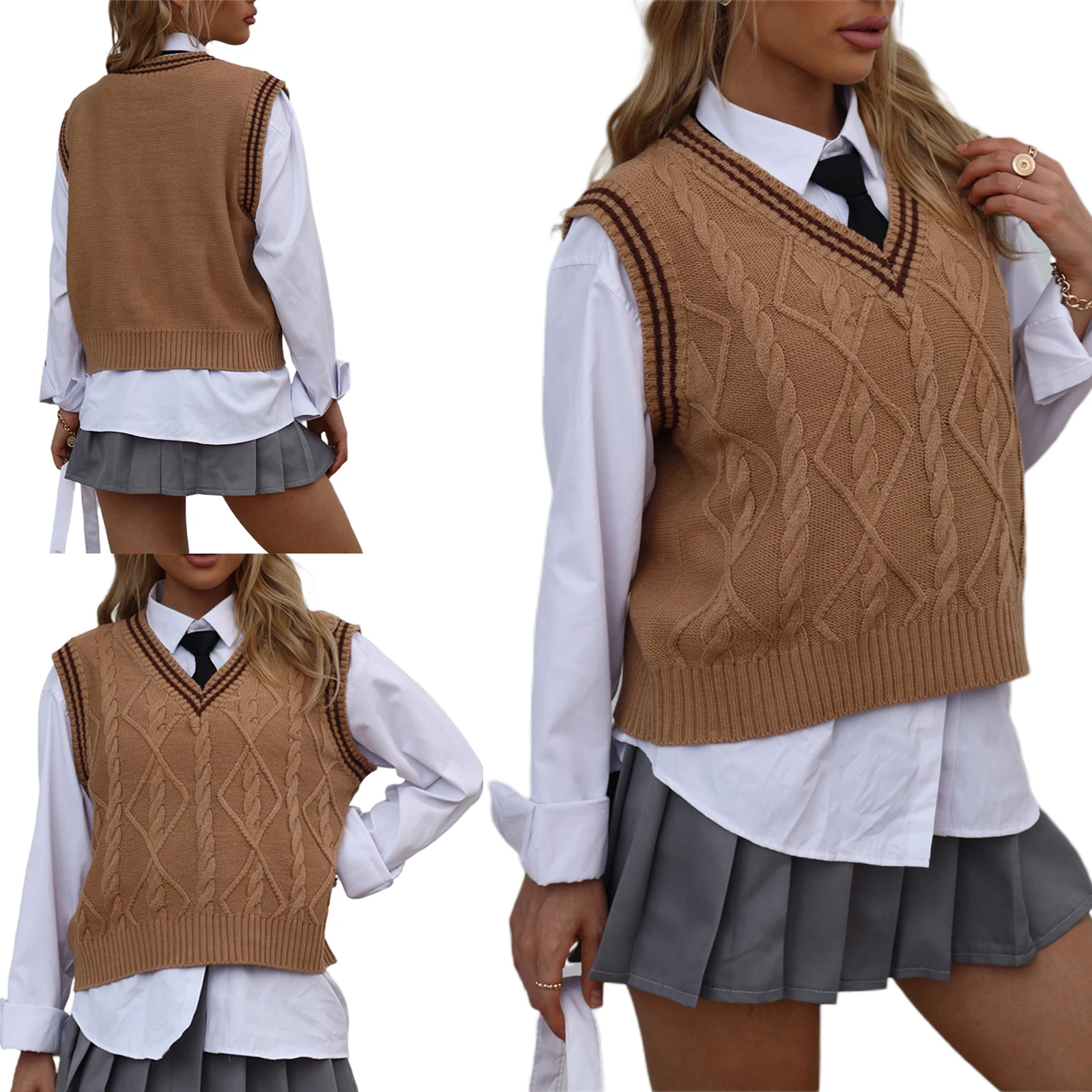 

Spring Autumn Women Knitted Vest Cord College Style Solid Color Casual Loose Top