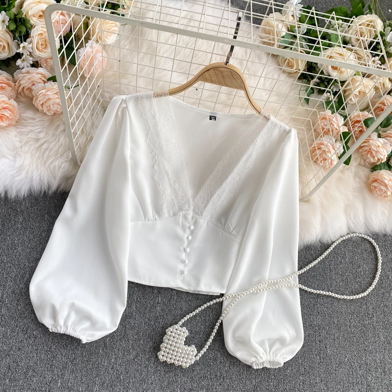 

Lady New Fashion Sexy Deep V-necked Shirt Women Lace Stitching Slim Long Sleeve Short Tops Solid Color Blouse Q305