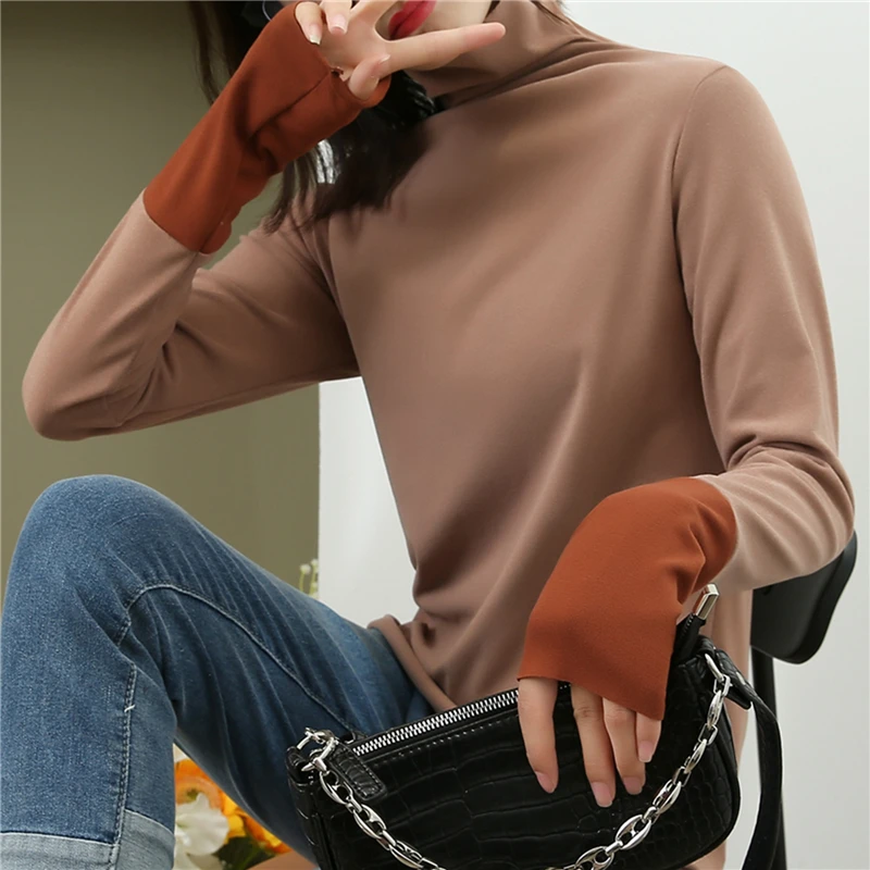 

2020 Casual Spring Autumn Pile Collar Weater Pullovers Women Basic Loose Patchwork Sweater Female Turtleneck Knit Jumper