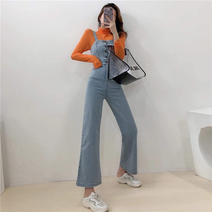 

FMFSSOM Women Denim Long Pants Jumpsuits Summer jeans Overalls Office Vintage pockets streetwear Long Wide Leg Pants Rompers