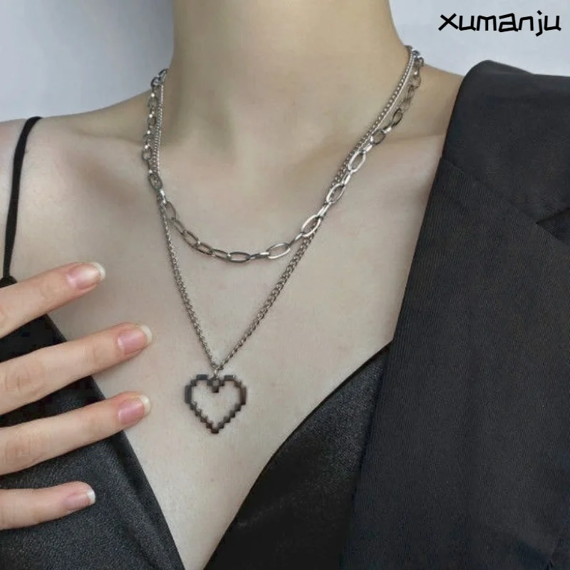 

Necklaces Steel Mosaic Love Double Necklaces Cool Personality and Simple Heart-shaped Pendant Hip Hop Party Designed Pendant