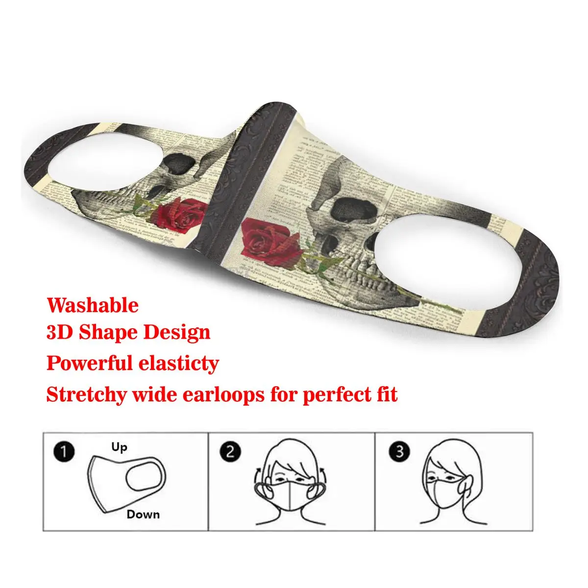 

Skull With Rose In Teeth French English Dictionary Print Dust Mask Mouth-Muffle Washable Fabric Adult Protective Face Windproof