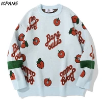 harajuku streetwear euramerican style color matching cherry knitting oversize sweatshirt pullover long sleeve jumper sweaters