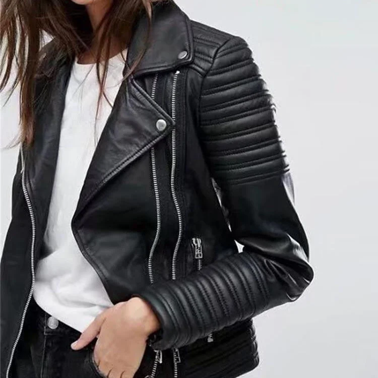 Large lapel motorcycle leather jacket female slim leather jacket enlarge