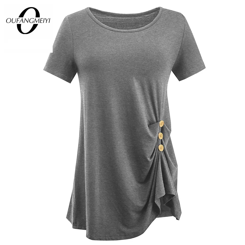 

Женские Повседневные базовые рубашки, шикарная футболка с круглым вырезом и деревянными пуговицами, летние женские футболки ET036
