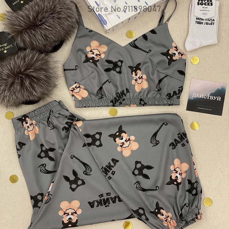 

Fashion Animal figure Color Satin Robe Set With Bra Sexy Pajamas Set Female Home Suit For Women Sleepwear 2021 Autumn Long Pants