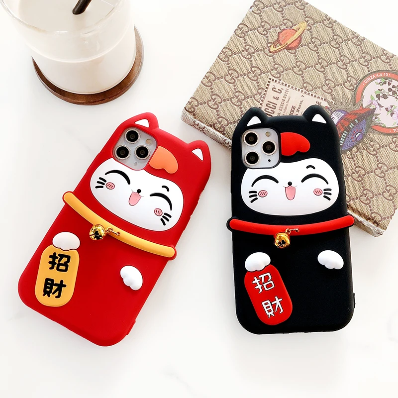 For iPhone XS max Lucky Cat Soft case for iphone 11 pro XR X 6 7 8 plus Maneki Neko Festive soft phone Small bell |