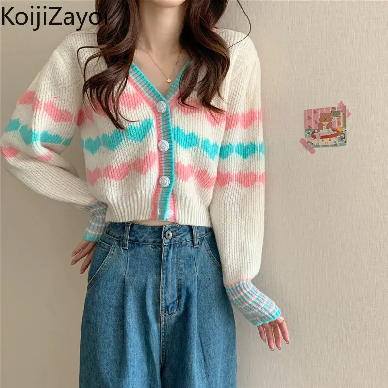 

Koijizayoi Sweet Women Autumn Winter Knitted Cardigan Long Sleeves V Neck Fashion Lady Chic Cropped Kardigan Striped Cardigans