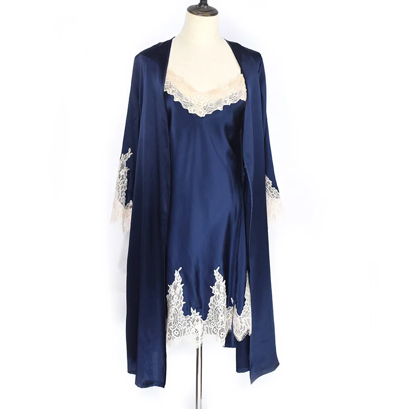 

New Silk Nightgown Women's Summer Sexy Lace Slip Nightdress Spring and Autumn Homewear Silk Pajamas Two-Piece Set