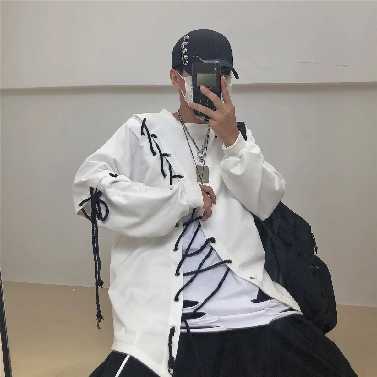 Yoji Темный ветер ins супер огонь Высокая уличная хип хоп личность diy привязанная полоса пропускания Свободный Длинный Рукав Толстовка для мужчин и женщин WGWY88
