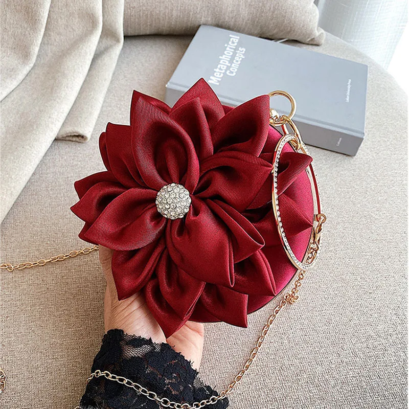 

Женский винтажный клатч на цепочке, свадебная шелковая круглая вечерняя сумочка с красным цветком и кристаллами, Изысканная сумка на плечо, 2023