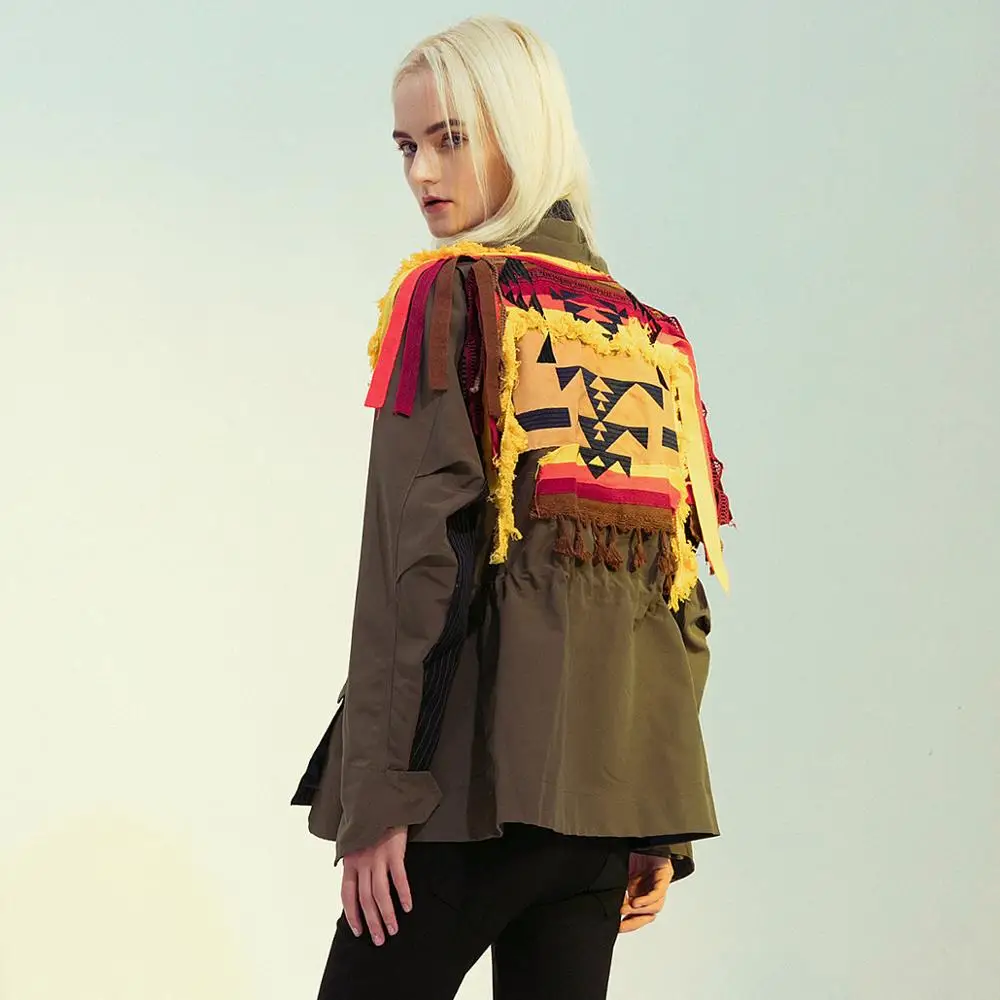 

Women's coat spring and autumn tassel stitching contrast color waist jacket jacket baseball coat fashion personality coat