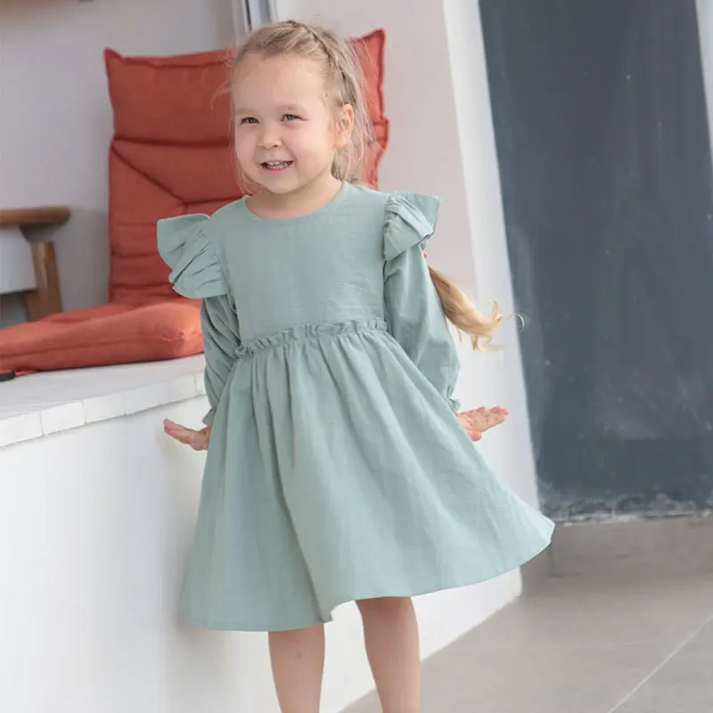 

Cotton Flying Sleeve Children's Dress Solid Color One-piece Dress