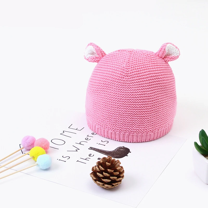 Милая вязаная шапка для новорожденных повседневная с ушками из мультфильмов