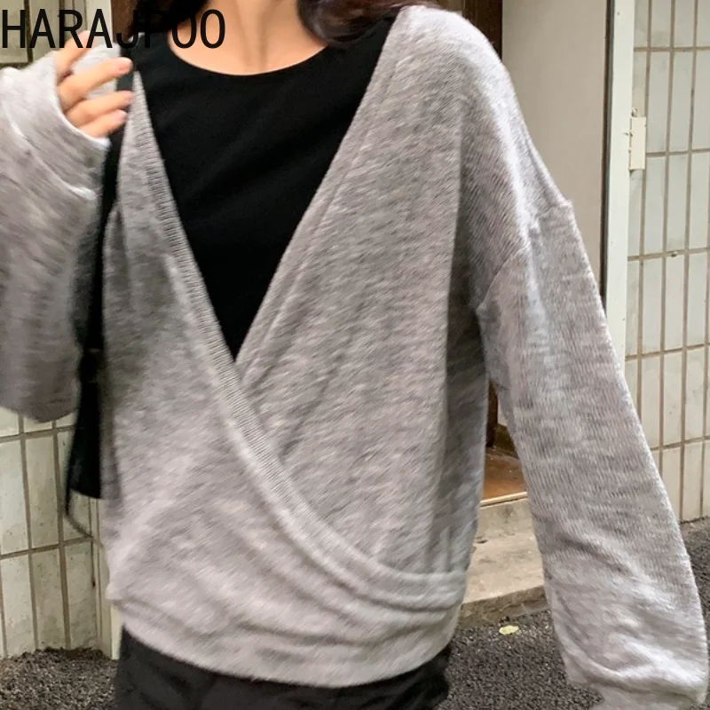 

Harajpoo Pullovers Women Korean Autumn 2021 Solid Color New Thin V Neck Folded Long Sleeve Loose Sweater Knitted Yellow Tops