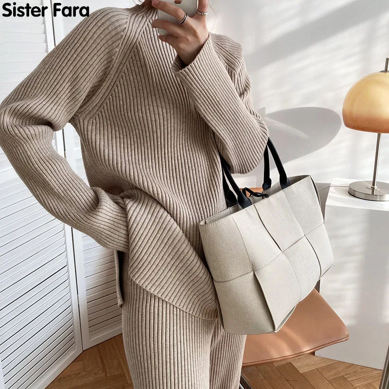 

Женский трикотажный спортивный костюм Sister Fara, теплый пуловер с высоким воротником и широкие брюки, комплект из 2 предметов, свитер для осени,...