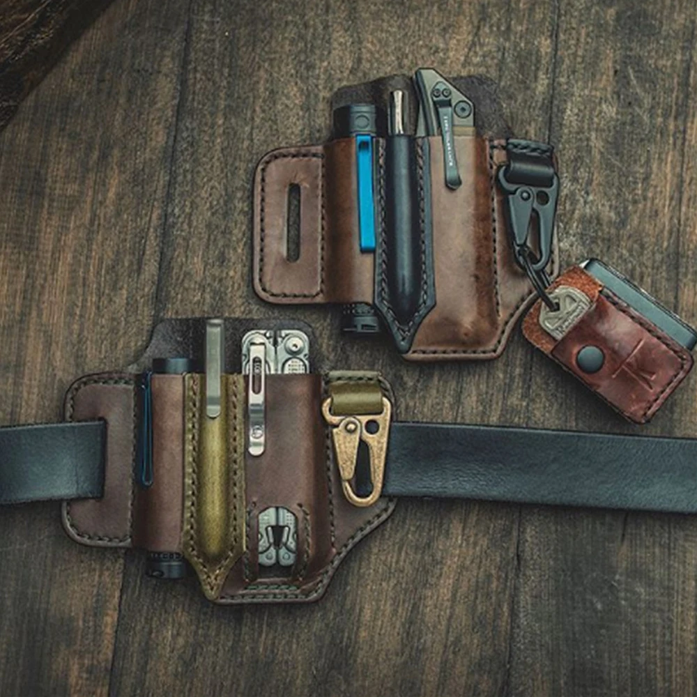 

Retro Style Waist Bag Handmade Leather Belt Bag Portable Multifunctional Key Flashlight Storage Hanging Waist Set