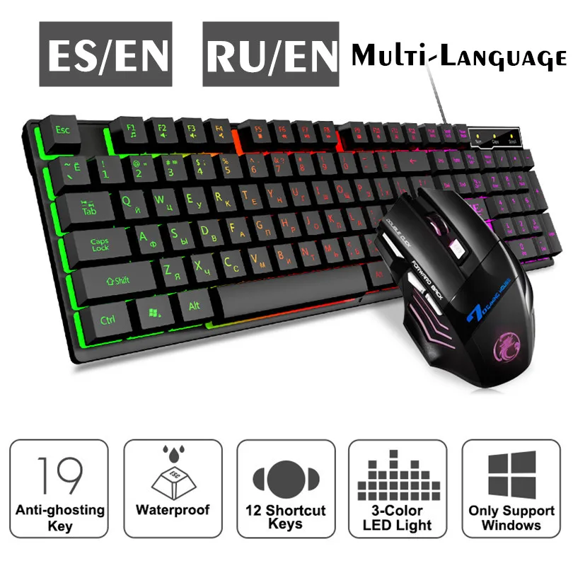 

Russian Spanish Gaming Mute Keyboard and Mouse Wired Keyboard Backlight Keyboard Gamer Kit Silent Gaming Mouse Set for PC Laptop