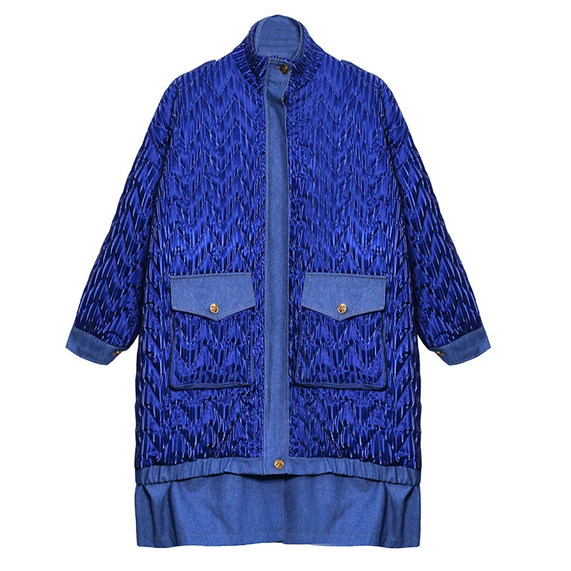 

CHICEVER Casual Patchwork Cotton Coat For Women Stand Collar Long Sleeve Straight Oversized Coats Female Fashion Winter Clothing