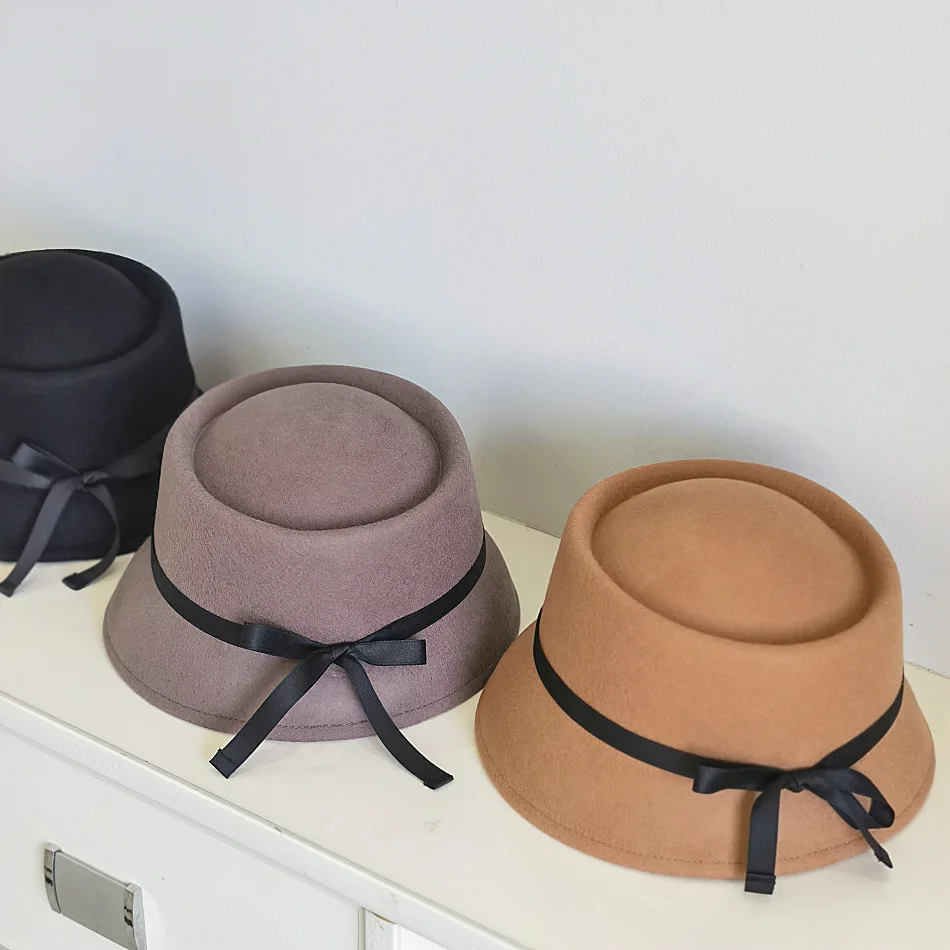 

Autumn Japanese Style wool Women Retro Concave Bucket Hat Fisherman Hat Basin Hat Fashion Felt Hat Bow