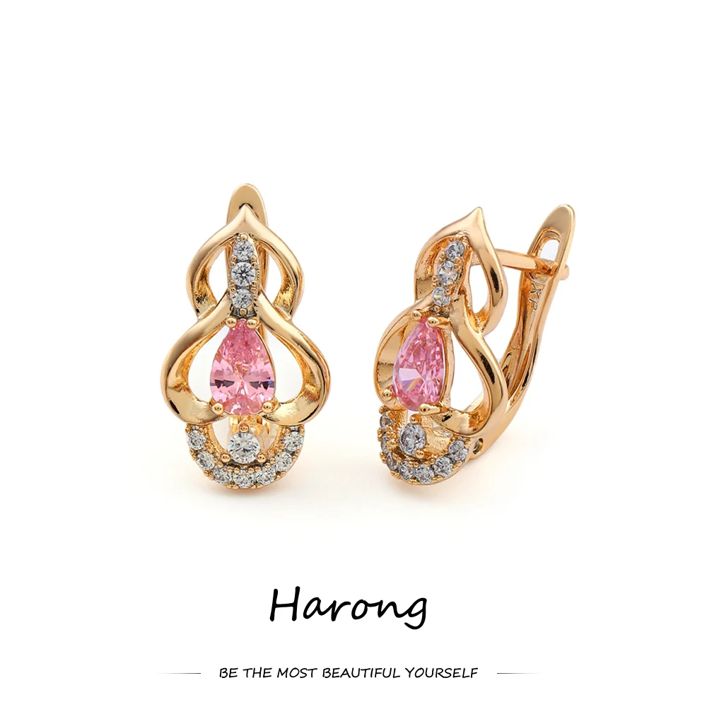

Harong Natural Crystal Zircon Stud Earrings Colorful 3/style Drop-shaped Hollow Luxury Female Wedding Party Jewelry Accessories