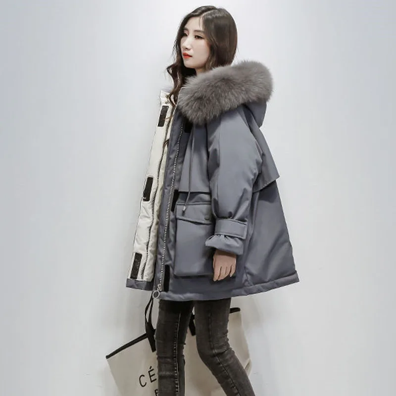 

2022 Winter Women Down Cotton Coat Korean Loose Wadded Jacket Hooded Fur Coller Warm Long Tooling Outwear Thick Women Parke Y615