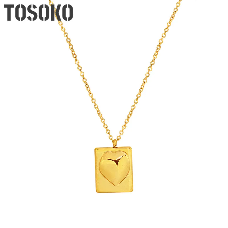 

TOSOKO Stainless Steel Jewelry Peach Heart Square Pendant Necklace Female Sweet Clavicle Chain BSP137