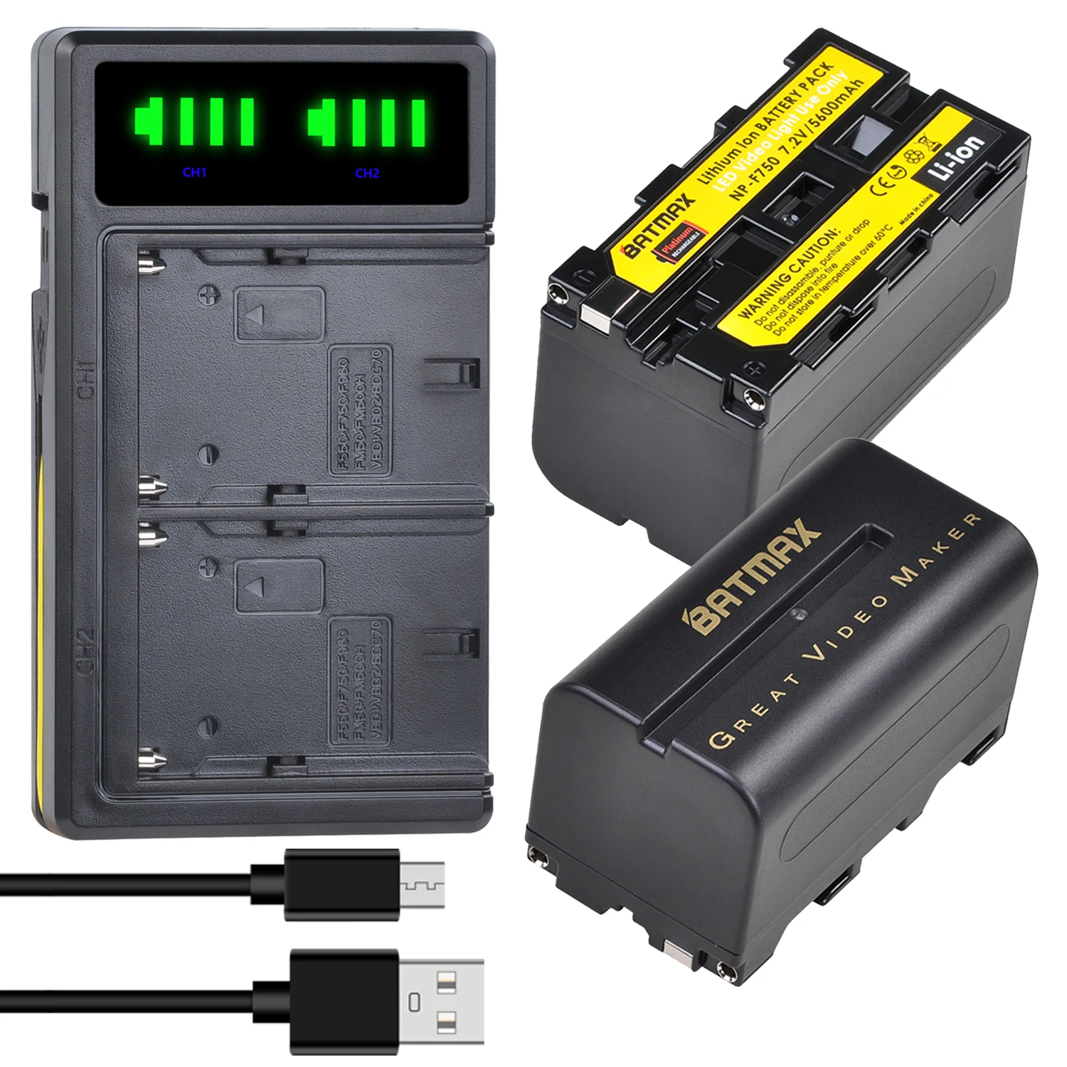 Batmax 5600mAh NP-F750 NP-F770 Battery+LED USB Dual Charger for LED Video Light Yongnuo Godox YN300Air II YN300 III YN600 L132T