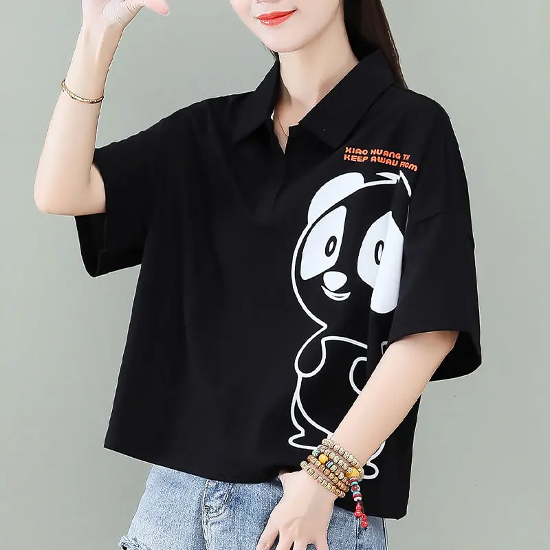 

POLO lapel short sleeve t-shirt women's 2021 summer loose short printed jacket