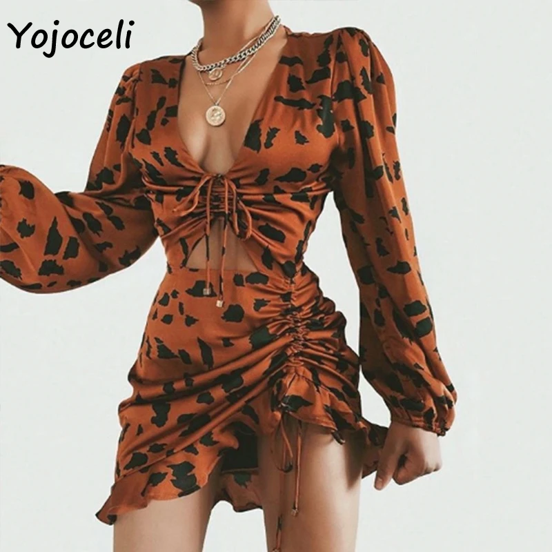 Yojoceli модное леопардовое платье с длинными рукавами мини-платье с оборками вечерние Клубные платья женские vestidos