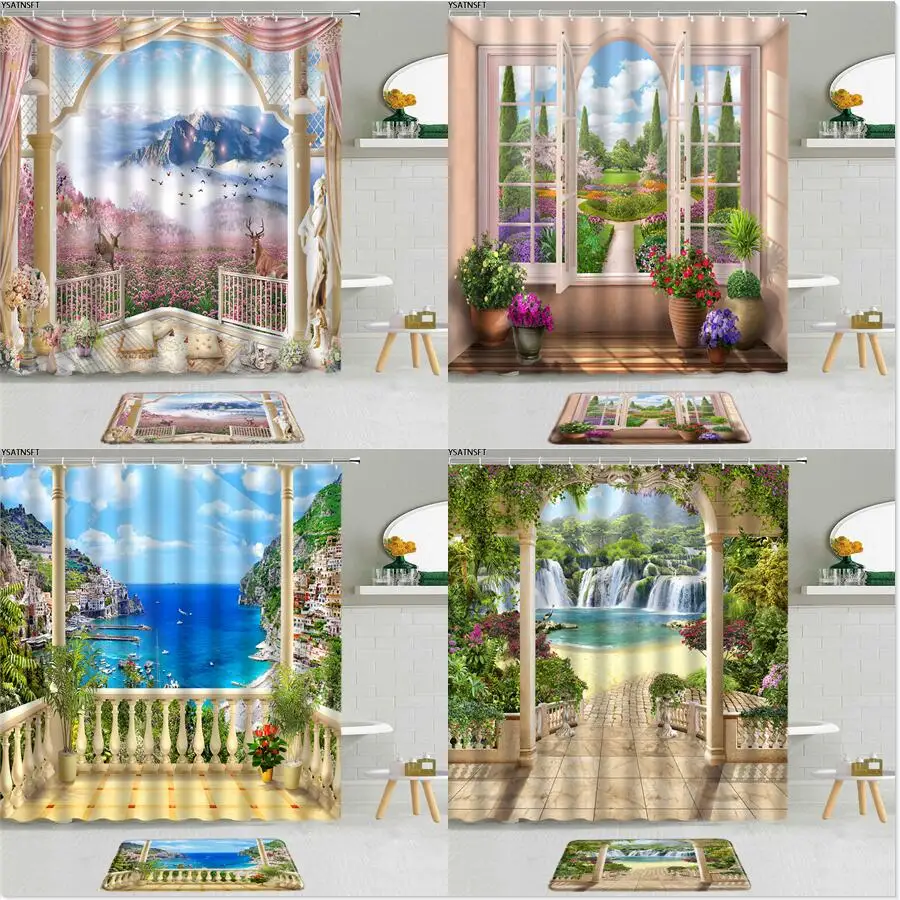

2Pcs Natural Landscape Mountain Flower Shower Curtain Roman Column Waterfall Plant Scenery Non-Slip Bath Mat Bathroom Decor Set