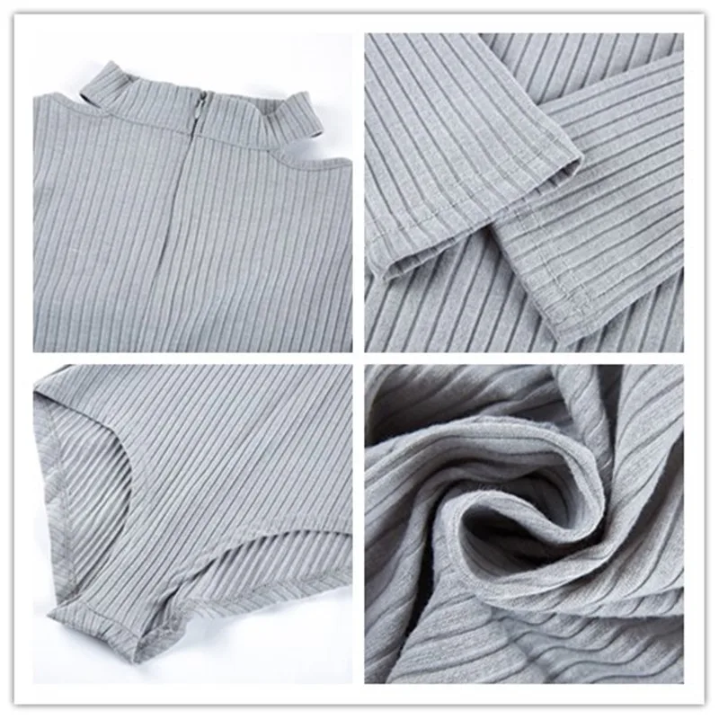 

Ribbed Knitted Women's Bodysuit 2021 Spring Gray Cotton Long Sleeve Halter Bodycon Bodysuit Casual Body Femme Romper Jumpsuit