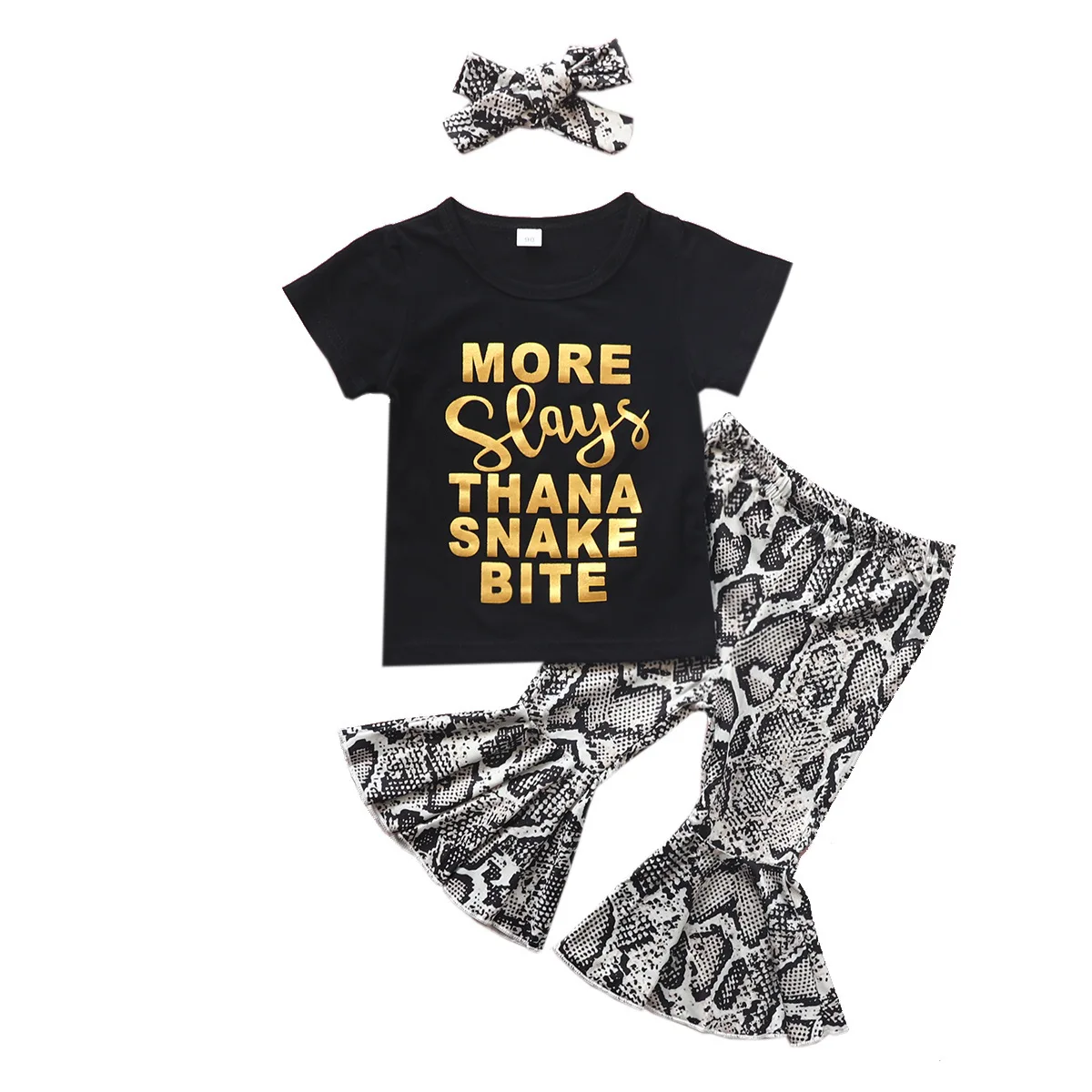 Favourite Summer Hot Sale Girls Letter Short Sleeve Top Snake Pattern Flared Pants Hairband Three-piece Set Wholesale Low Price