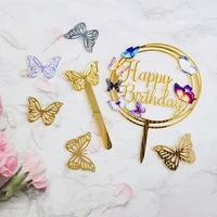 10pcs happy birthday cake toppers cake decoration acrylic paper butterfly cupcake topper for wedding birthday party baby shower