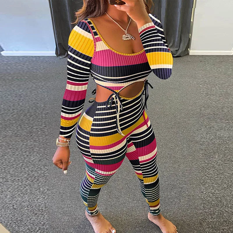 

2021 Women Spring Stripe Fashion Two Piece Sets Elegant Square Collar Hollow Out Tops And Long Pant Casual Lace-Up Slim Fit Suit