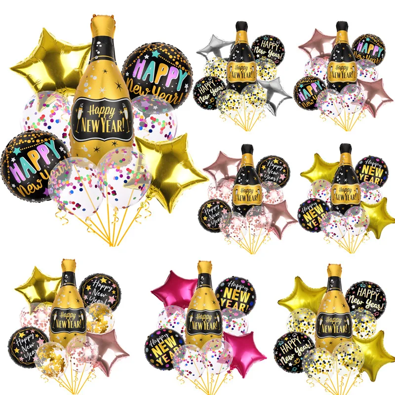 

9PCS Happy New Year Balloon Set with Champagne Five-pointed Star Round Foil Balloon for New Year Party Background Decoration