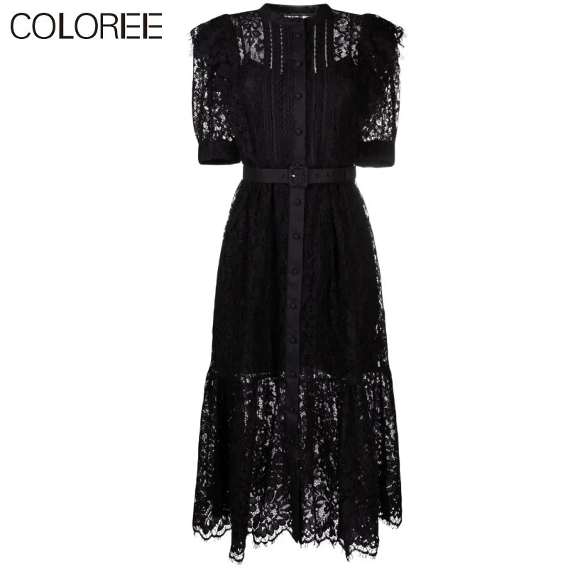 

Sexy Black Hollow Out Lace Long Party Dress Women Runway Designers Vintage Short Sleeve Pleated Summer Dress 2021