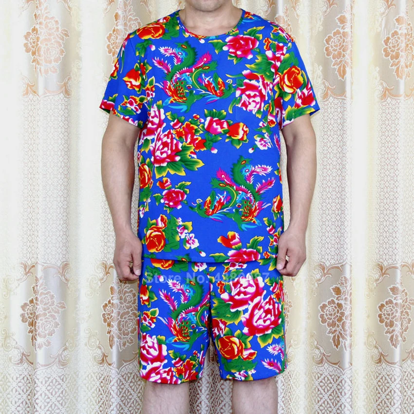 

Red Floral Chinese Traditional Tang Suit for Man Pajamas Set T-shirt+shorts Women National Ethnic Sleepwear Bathing Spa Wear