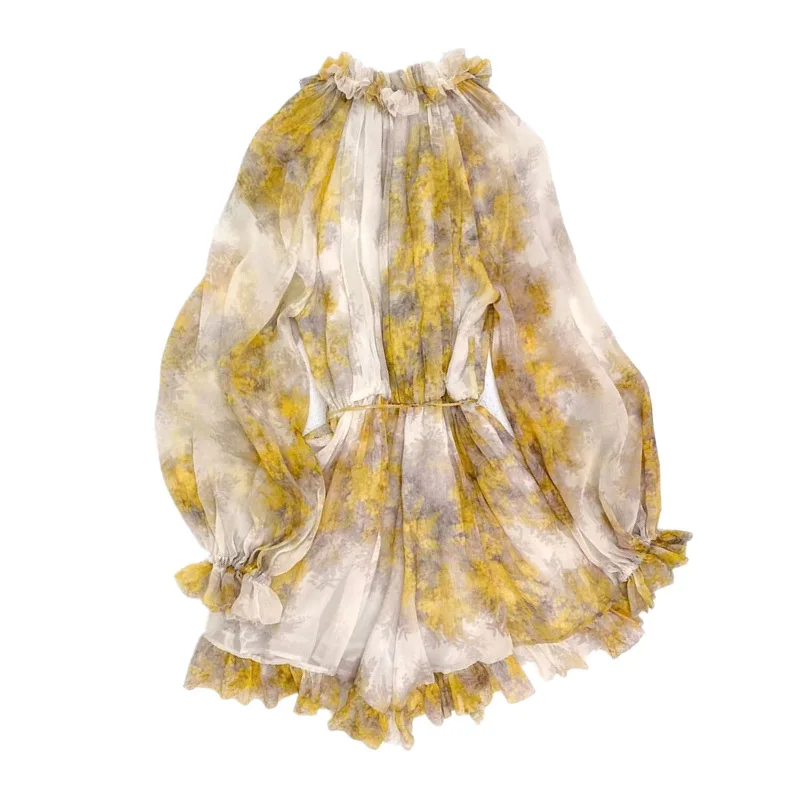 

Women Dress 2021 Spring and Summer New Lace Lotus Leaf Collar Elastic Waist Lotus Leaf Sleeve Dress