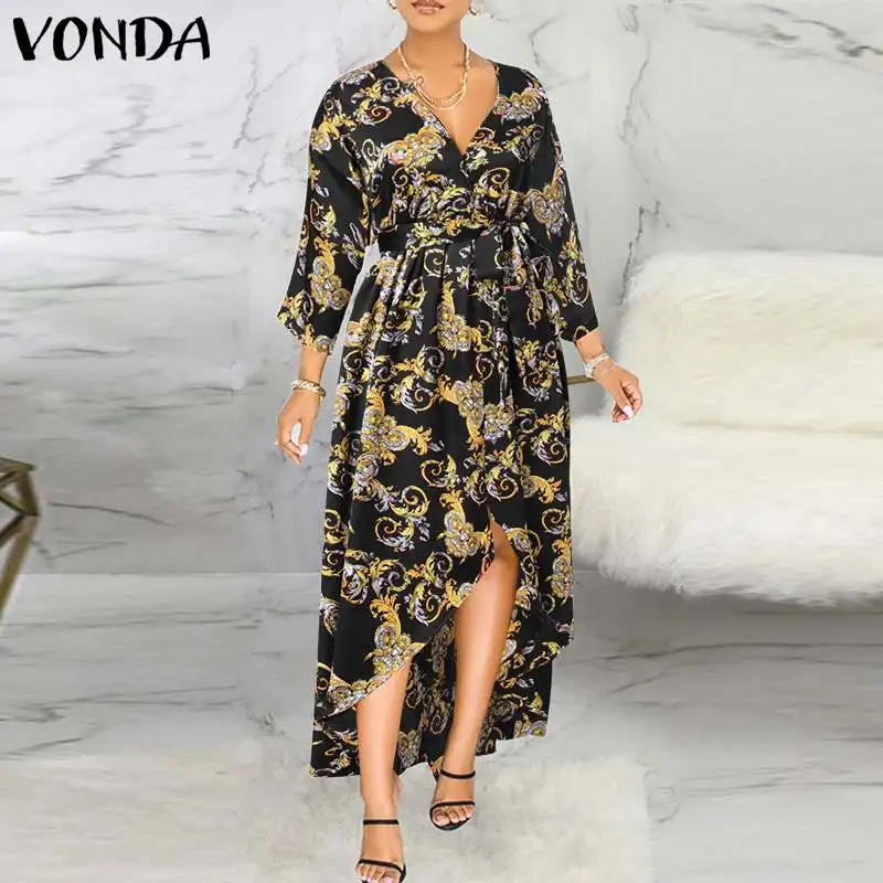 

VONDA Vintage Printed Pleated Dress Autumn Sexy V Neck Party Dresses Asymmetric Hem 3/4 Sleeve Bohemian Vestidos Femme Sundress