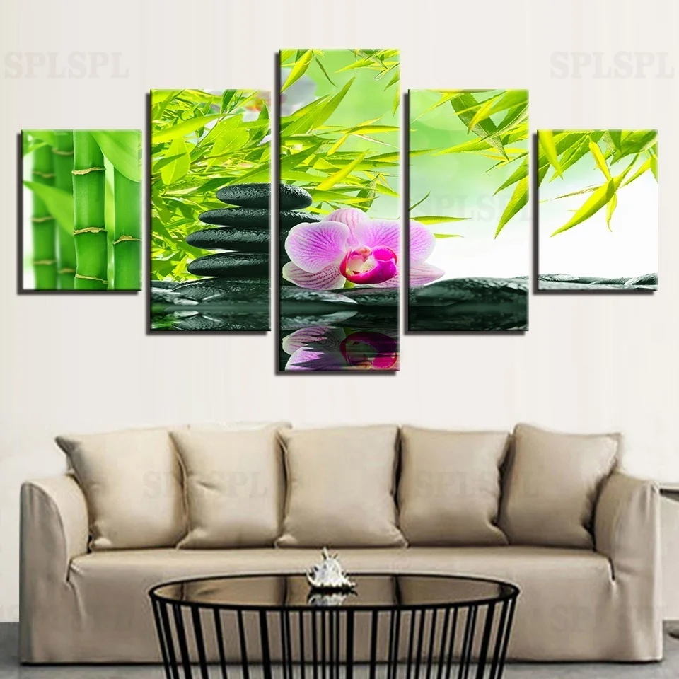

Modular Canvas Pictures Home Decor For Living Room Wall Art 5 Pieces Bamboo Stones Flowers Poster HD Prints Paintings