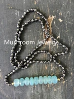 Hand knotting Blue Jade Beads Bar Necklace And Hematite Beaded NecklaceKnot Gemstone Hamatite Necklace