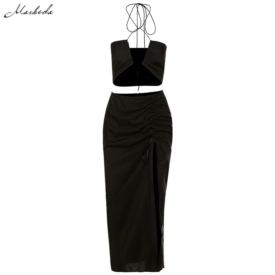 

Spring Sexy Solid Two Pieces Set Women Slim Halter Hollow Out Crop Top And High Waist Split Long Skirt Outfit 2021 New