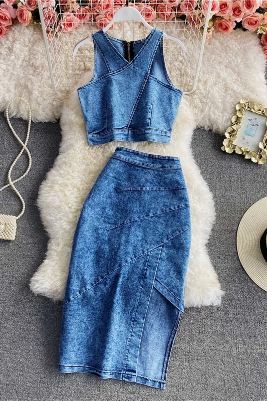 

A Line Mini Skirt The New Slim Zipper Short Denim Camisole Two-piece Suit Irregular Split Hip Skirt