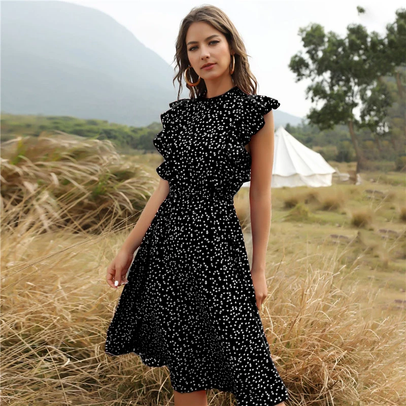 

YLDSGS 2021 New Summer Dot Print Dress Women Casual Butterfly Sleeve Ruffles Medium Long Chiffon Dress