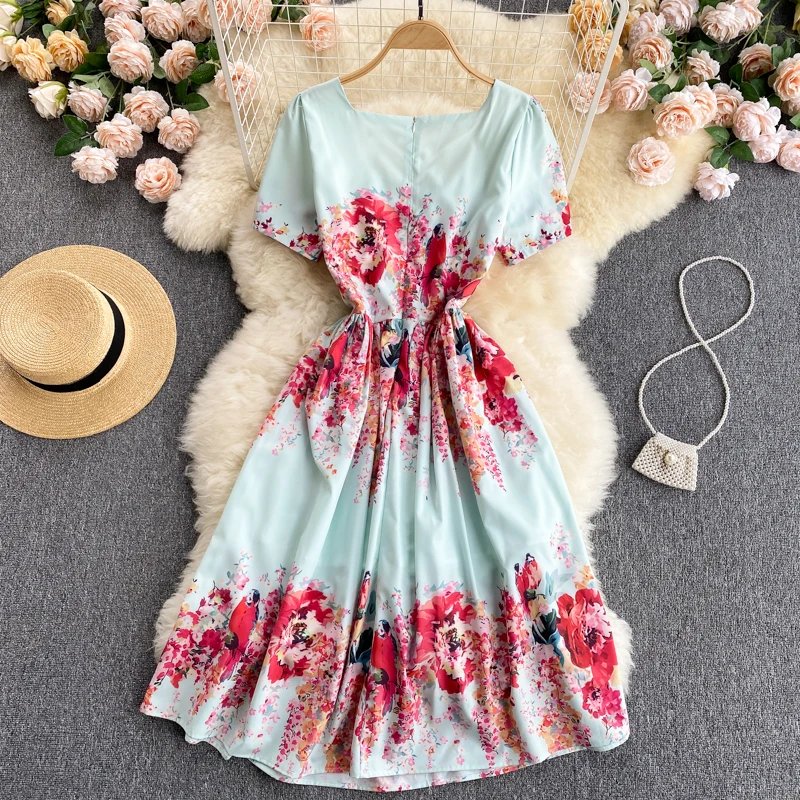 

Summer Short Sleeve Floral Print Runway Women Dress High Quality Festa Elegant Square Collar Empire Casual Sweet Robe Vestidos