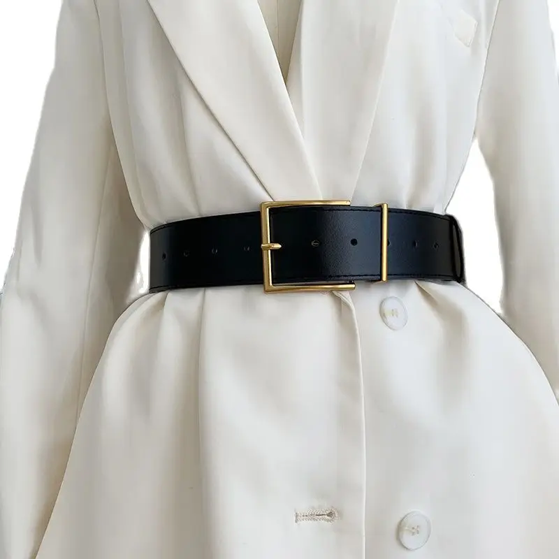 

Women's Fashion Black Wide Belt Square Pin Buckle Imitation Leather Waist Strap Decorative Coat Dress Simple Dress Waistband
