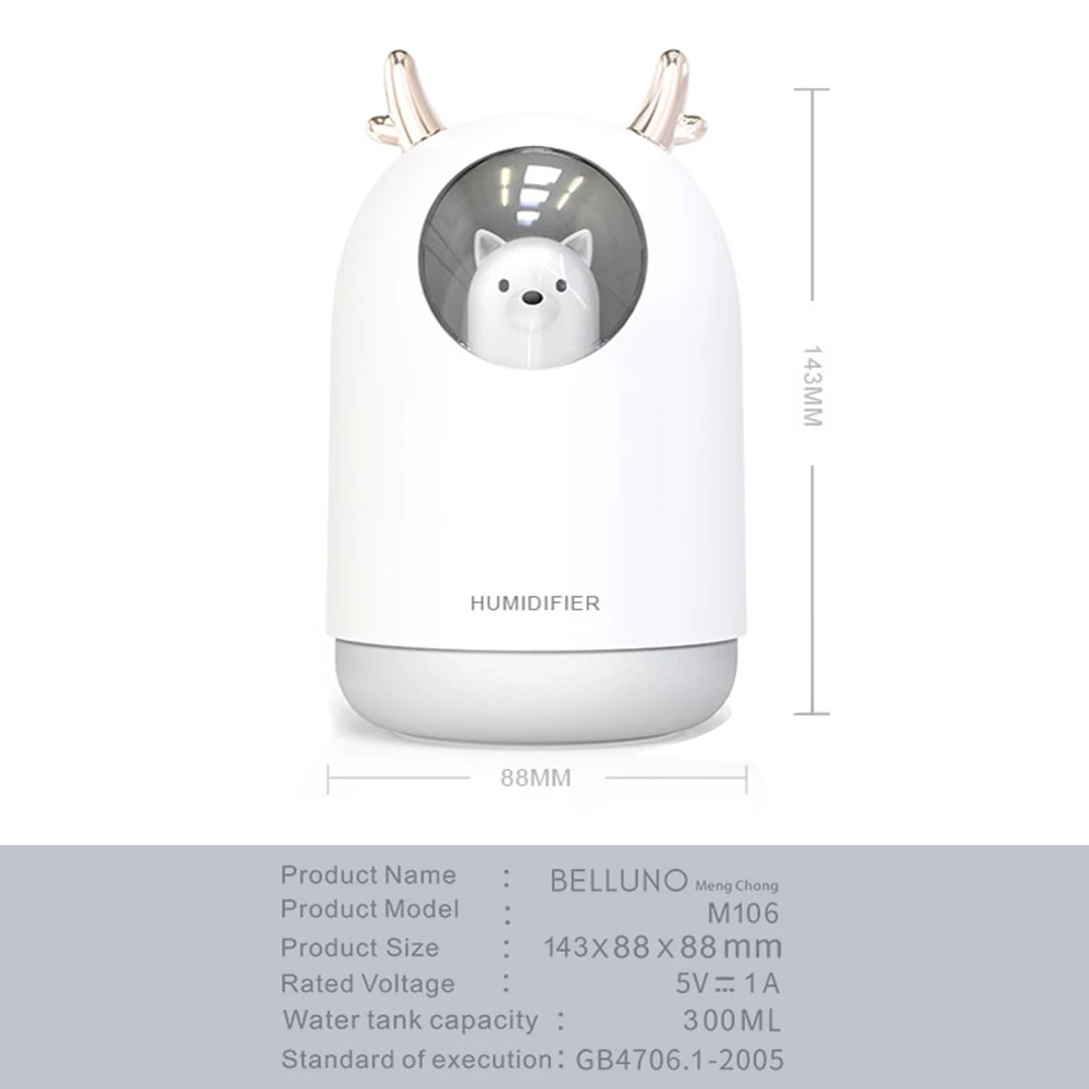 

YOSOLO 300ML Cute Bear LED Night Mood Light Mist Maker Air Fresher Car Humidifier Aroma Essential Oil Diffuser USB Air Purifier