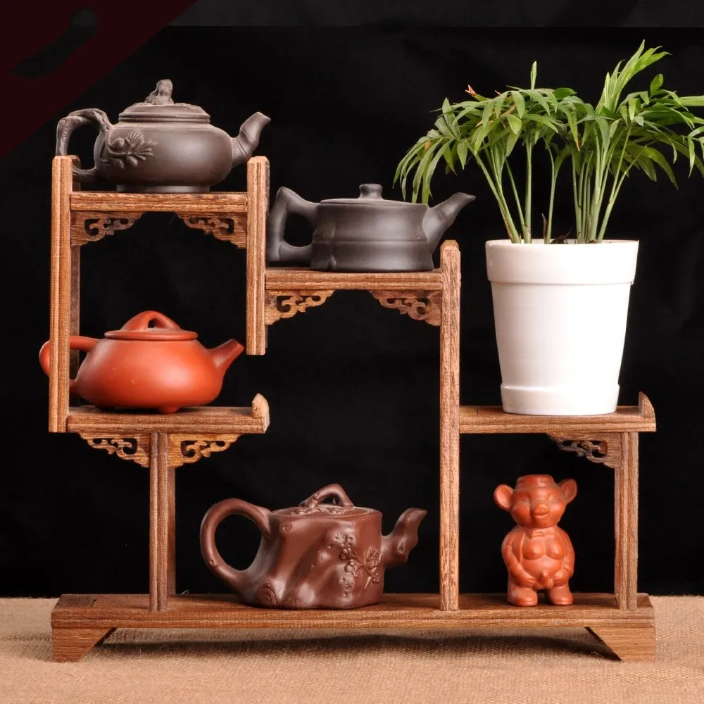 chinese kung fu tea pot crafts display holder shelves teapot tea set wood carving display stand decoration home tea accessories free global shipping